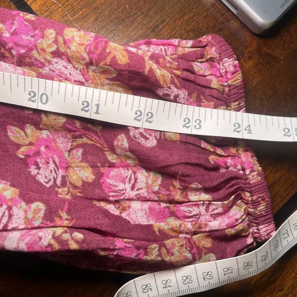 Free People Mini Dress Keep You Floral Long Sleeve Deep V-Neck Berry Combo Sz L